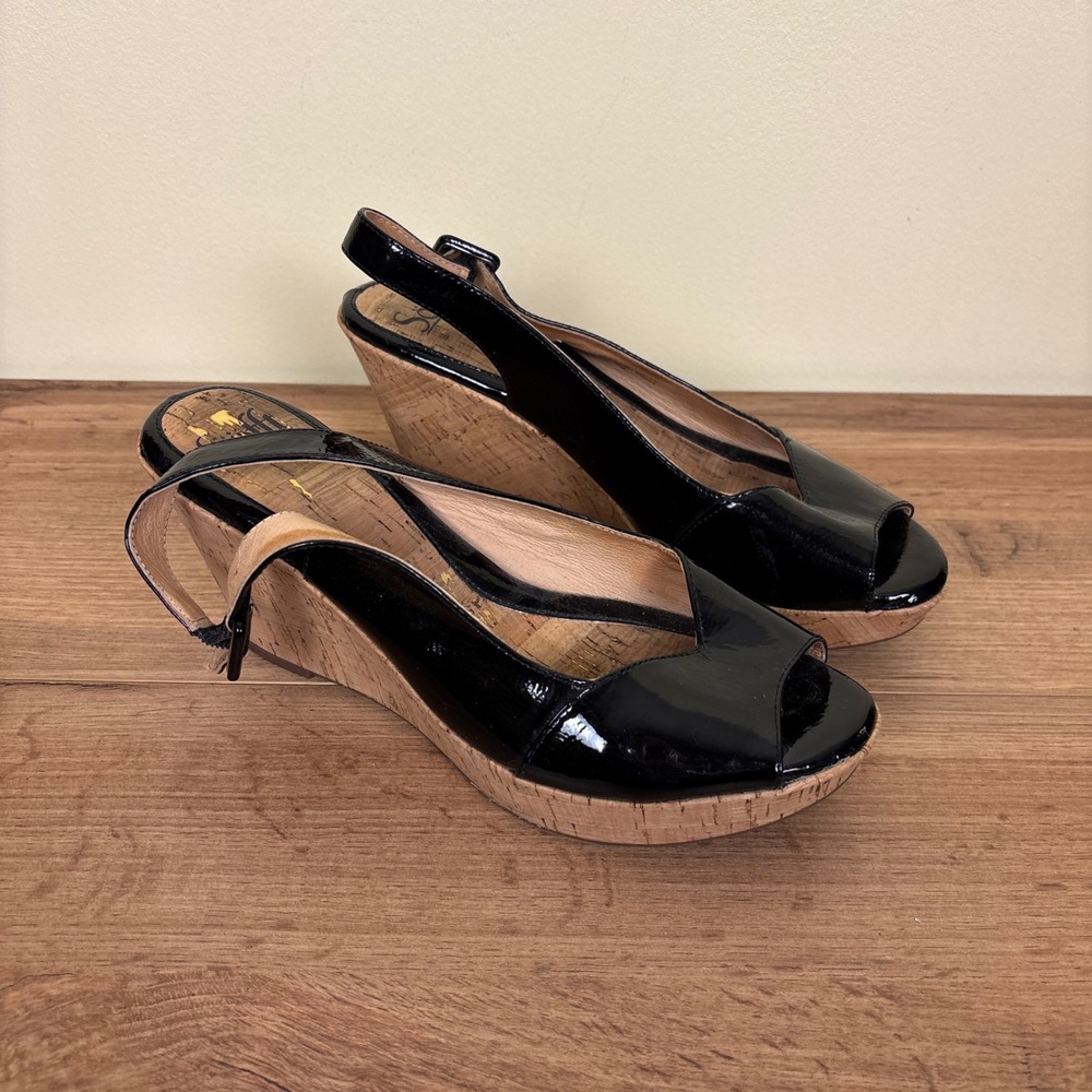 SOFFT Patent Leather Wedge Sandals Black Women Size 10 Peep Toe Slingback Casual